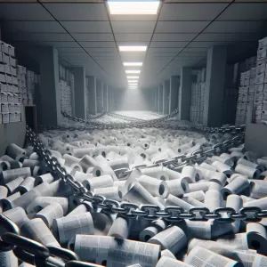 Enlarge The chains of tormented mankind are made of office paper. - Franz Kafka